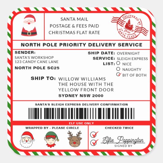Santas Sleigh Christmas Shipping Label Sticker (Vorderseite)