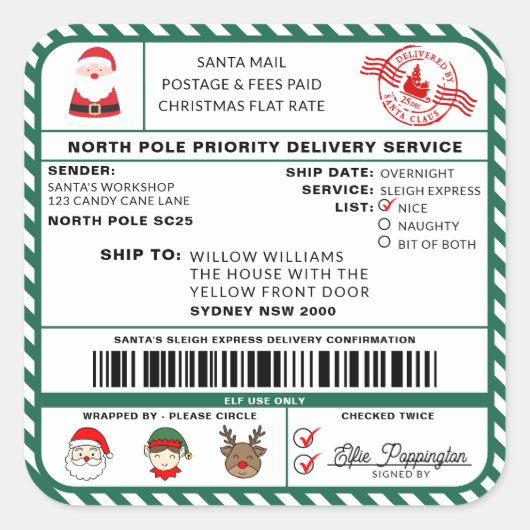 Santas Sleigh Christmas Shipping Label Sticker (Vorderseite)