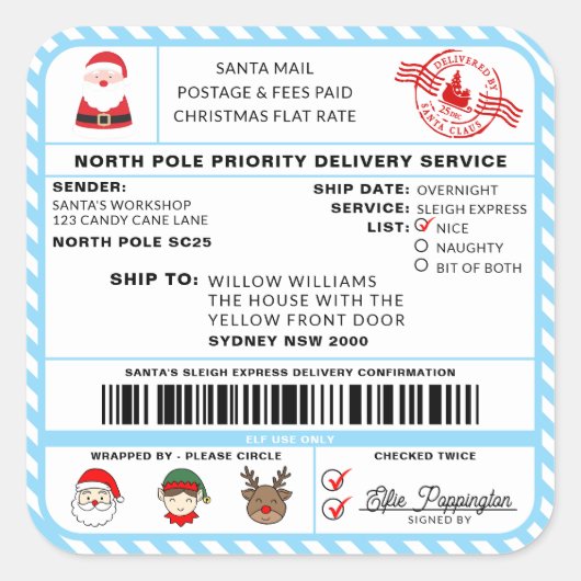 Santas Sleigh Christmas Shipping Label Sticker (Vorderseite)