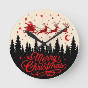 Santa's Sleigh Frohe Weihnachtswaldszene Kunst Runde Wanduhr