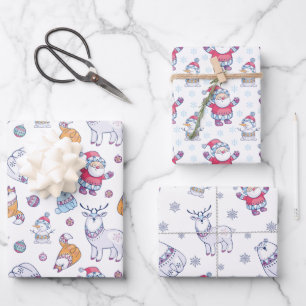 Santas Snowmen und Rentier Niedliche Weihnachtsbil Geschenkpapier Set