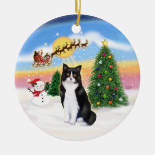 Santas Take Off - Schwarz-Weiß-Katze (ASH) Keramikornament