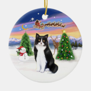 Santas Take Off - Schwarze und Weiße Katze (ASH) Keramik Ornament