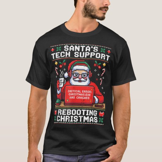 Santa's Tech Suprt Rebooting Christmas Ugly Santa T-Shirt (Vorderseite)
