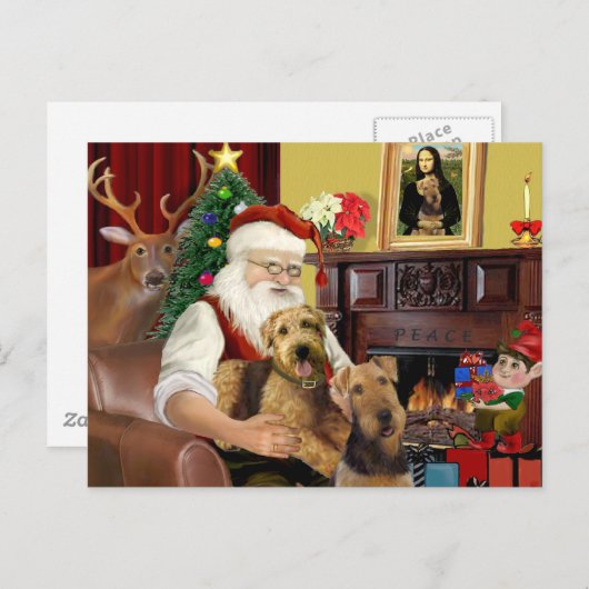 Santas Two Airedales Feiertagspostkarte (Vorne/Hinten)