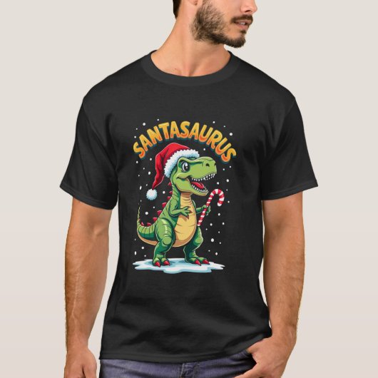 Santasaurus Rex Funny Dinosaur xmas Santa Hat Cand T-Shirt (Vorderseite)