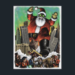 Santazilla Postcard Feiertagspostkarte<br><div class="desc">Illustration eines riesigen Weihnachtsmannes,  der eine Stadt terrorisiert</div>
