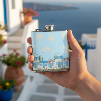 Santorin Blau Weiße Griechische Dörfliche Küstenku Flachmann