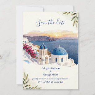 Santorin Blaue Aquarell-Zielhochzeit Einladung