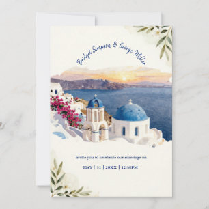 Santorin Blaue Aquarell-Zielhochzeit Einladung