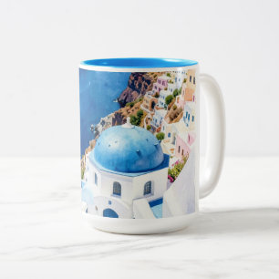 Santorin Blaue Kuppel Aquarell Poster Zweifarbige Tasse