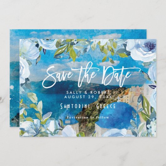 Santorin Blütenhochzeit speichern Sie die Dattelka Dankeskarte (Vorne/Hinten)