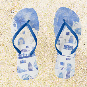 Santorin Griechenland Aquarell Blau Weiß Badesandalen