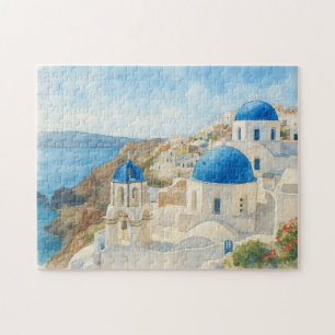 Santorin Griechenland Aquarell  Blaue Kuppel Kirch Puzzle