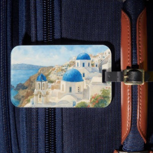 Santorin Griechenland Aquarell Blaue Kuppelkirche Gepäckanhänger