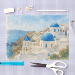 Santorin Griechenland Aquarell Blaue Kuppelkirche Seidenpapier