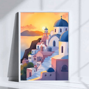 Santorin, Griechenland   Aquarell Küstenlinie Sonn Poster