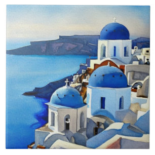 Santorin Griechenland Aquarellmalerei Fliese