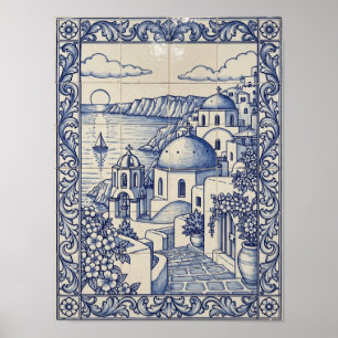 Santorin Griechenland Blau Portugiesische Azulejo- Poster