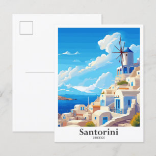 Santorin Griechenland Kunst Vintage Reiseillustrat Postkarte