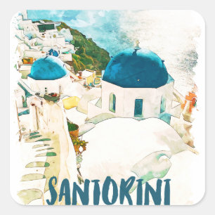 Santorin Griechenland Reise Wasserfarben Poster Quadratischer Aufkleber