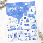 Santorin Griechenland Wasserfarbe Personalisiert Postkarte<br><div class="desc">Ein modernes Aquarellbild der griechischen Insel Santorin. Originelle Kunst von Nic Squirrell. Ändern Sie den Namen,  um ihn zu personalisieren.</div>