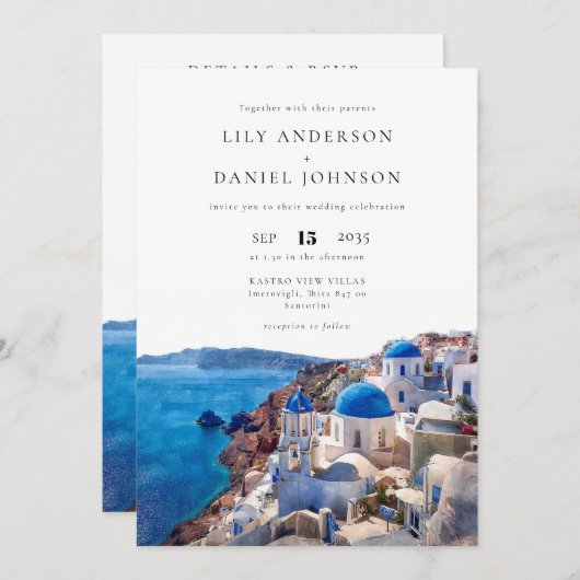 Santorin Griechenland Ziel in einer Hochzeit Einladung (Vorne/Hinten)