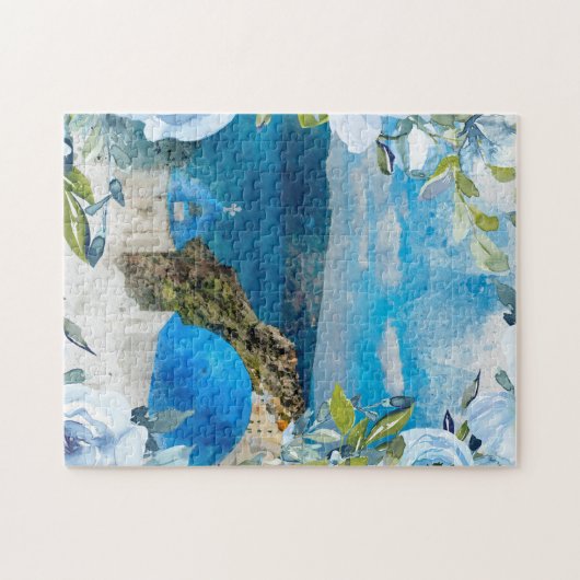 Santorin, Grünes Mittelmeer, Aquarell Puzzle (Horizontal)