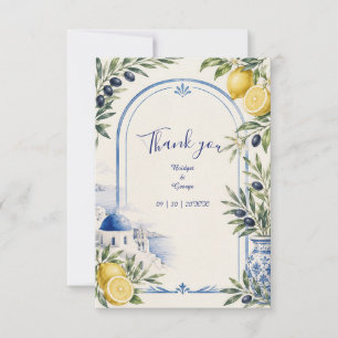 Santorin Küstenblau-Fliesen-Aquarell-Hochzeit Dankeskarte