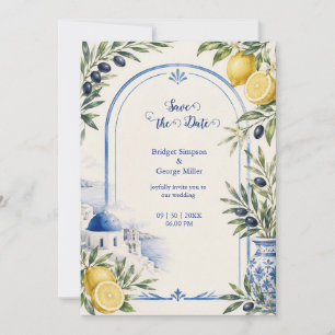 Santorin Küstenblau-Fliesen-Wasserfarben-Hochzeit Einladung