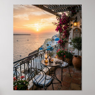 Santorin-Sonnenuntergang-Cafe-Balkon mit Blick auf Poster