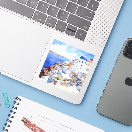 Santorini Aufkleber (Laptop mit iPhone)