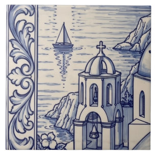 Santorini Azulejo-Muralfliese 3 von 6 Mitte links Fliese