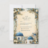 Santorini Blue Dome Botanical Destination Wedding RSVP Karte (Vorderseite)