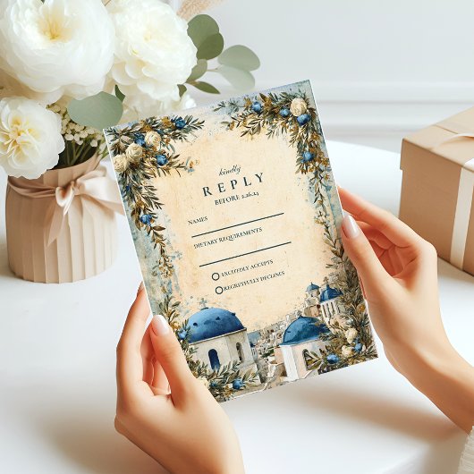 Santorini Blue Dome Botanical Destination Wedding RSVP Karte