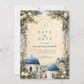 Santorini Blue Dome Botanical Destination Wedding Save The Date (Vorderseite)