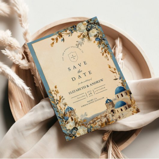 Santorini Blue Dome Botanical Elegance Save The Date