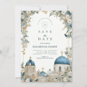 Santorini Blue Domes Botanical Wedding Save The Date (Vorderseite)