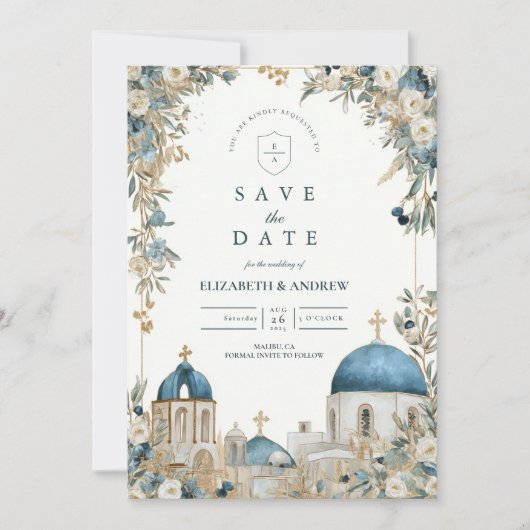 Santorini Blue Domes Botanical Wedding Save The Date (Vorderseite)
