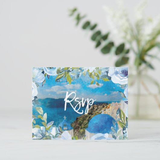 Santorini Blühende Hochzeit im Sommer rsvp Postkar Postkarte (Stehend Vorderseite)