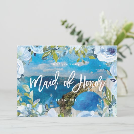 Santorini Blumenkarte Trauzeugin Dankeskarte (Stehend Vorderseite)