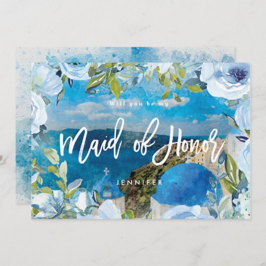 Santorini Blumenkarte Trauzeugin Dankeskarte (Vorne/Hinten)