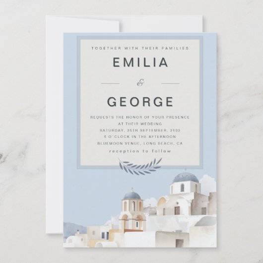 Santorini Destination Wedding | Blue & White Einladung (Vorderseite)