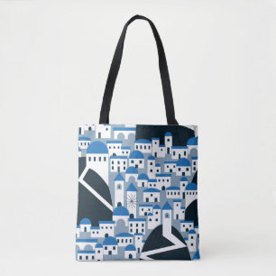 Santorini-Dorfbild in Weiß und Blau Tasche