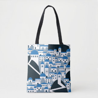 Santorini-Dorfbild in Weiß und Blau Tasche