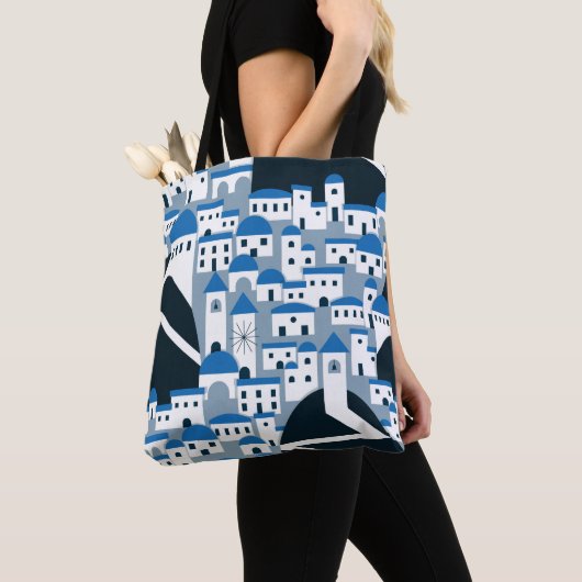 Santorini-Dorfbild in Weiß und Blau Tasche (Von Nahem)