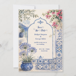 Santorini Floral Blaue Fliesen Wasserfarbe Hochzei Einladung