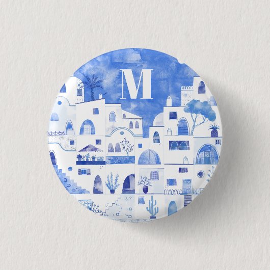 Santorini Greece Aquatercolor Monogram Button (Vorderseite)