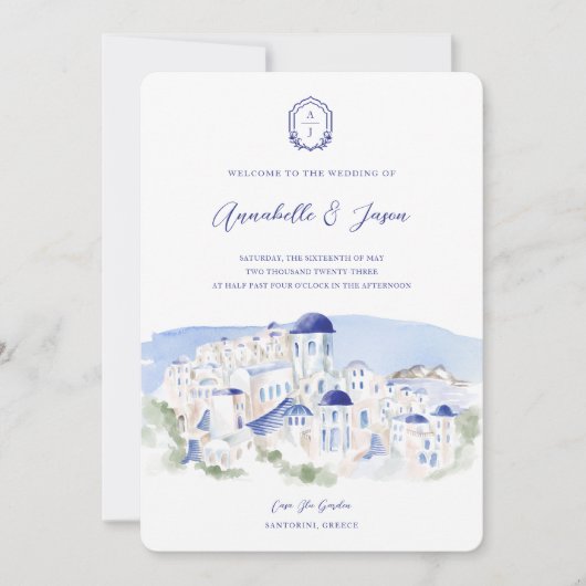 Santorini Greece Architecture Watercolor Wedding Einladung (Vorderseite)