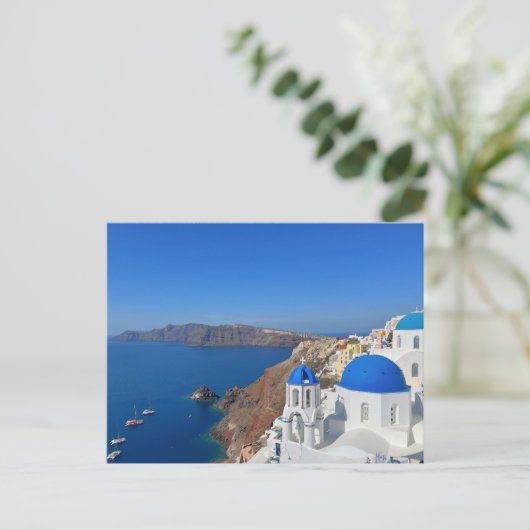 Santorini Greece Blue Domed Church Foto Postkarte (Stehend Vorderseite)